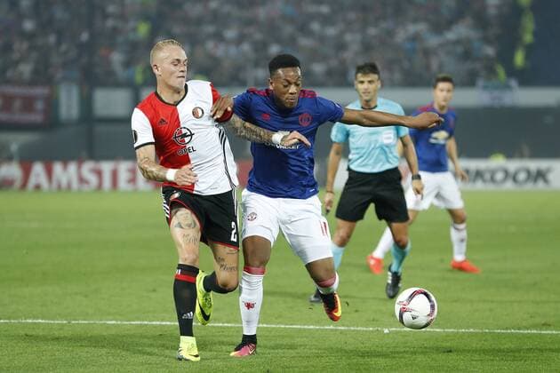 (L-R) Rick Karsdorp of Feyenoord, Anthony Martial of Manchester Unitedduring the Europa League group A match between Feyenoord and Manchester Uinited on September 15, 2016 at the Kuip stadium in Rotterdam, The Netherlands. Feyenoord Rotterdam v Manchester United ManU UEFA Europa League 2016 2017 xVIxxIVx 6222543