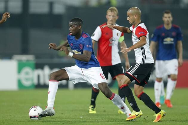 (L-R) Paul Pogba of Manchester United ManU Dirk Kuyt of Feyenoord, Karim El Ahmadi of Feyenoordduring the Europa League group A match between Feyenoord and Manchester Uinited on September 15, 2016 at the Kuip stadium in Rotterdam, The Netherlands. Feyenoord Rotterdam v Manchester United UEFA Europa League 2016 2017 xVIxxIVx 6222579