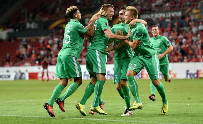 15.09.2016, xfux, Fussball Europa League, FSV Mainz 05 - AS St.Etienne, emspor, v.l. Kevon Malcuit (AS Saint-Etienne), Robert Beric (AS Saint-Etienne), Bryan Dabo (AS Saint-Etienne), Alexander Soederlund (AS Saint-Etienne) Torjubel, Goal celebration, celebrate the goal zum 1:1 Mainz