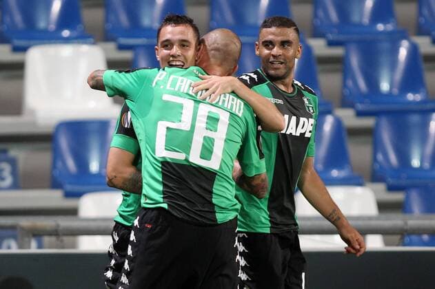 Pol Lirola Sassuolo, Paolo Cannavaro, Gregoire Defrel Sassuolo Goal Celebration Sassuolo Reggio Emilia 15-09-2016 Stadio Citta del Tricolore Sassuolo Calcio vs. Atletico Bilbao Europa League 2016 2017 lucaxpagliaricci