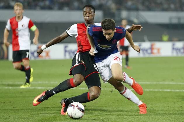(L-R) Dirk Kuyt of Feyenoord, Terence Kongolo of Feyenoord, Ander Herrera of Manchester Unitedduring the Europa League group A match between Feyenoord and Manchester Uinited on September 15, 2016 at the Kuip stadium in Rotterdam, The Netherlands. Feyenoord Rotterdam v Manchester United ManU UEFA Europa League 2016 2017 xVIxxIVx 6223093