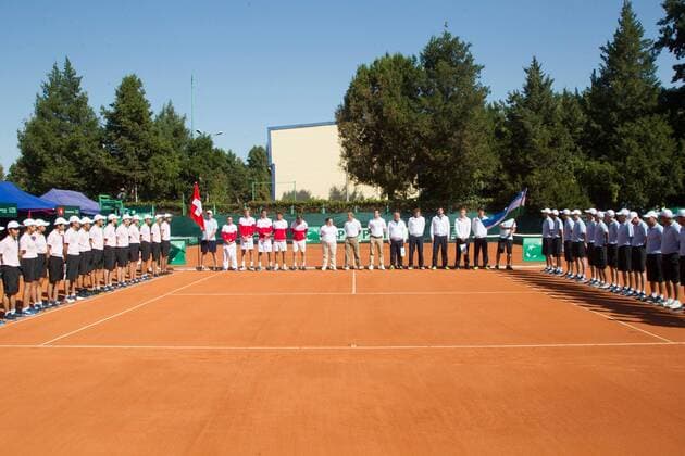 World group , play-off play-off round Uzbekistan Vs Switzerland (IN WHITE )Denis ISTOMIN from uzb - (in red )Antoine BELLIER frome swis 