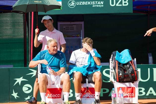 World group , play-off play-off round Uzbekistan Vs Switzerland (IN WHITE )Denis ISTOMIN from uzb - (in red )Antoine BELLIER frome swis 