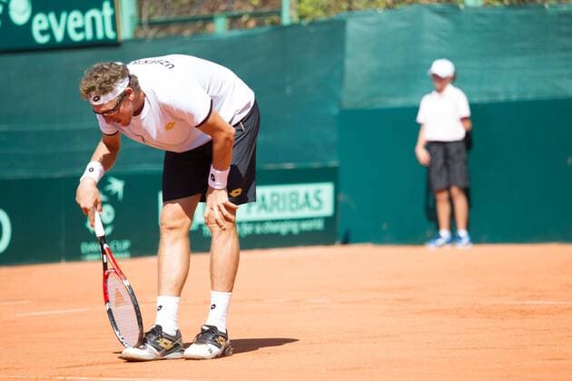 World group , play-off play-off round Uzbekistan Vs Switzerland (IN WHITE )Denis ISTOMIN from uzb - (in red )Antoine BELLIER frome swis 