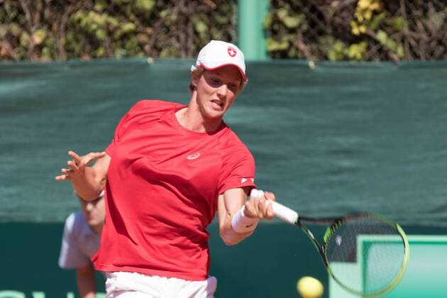 World group , play-off play-off round Uzbekistan Vs Switzerland (IN WHITE )Denis ISTOMIN from uzb - (in red )Antoine BELLIER frome swis 