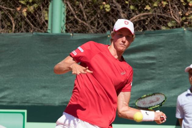 World group , play-off play-off round Uzbekistan Vs Switzerland (IN WHITE )Denis ISTOMIN from uzb - (in red )Antoine BELLIER frome swis 
