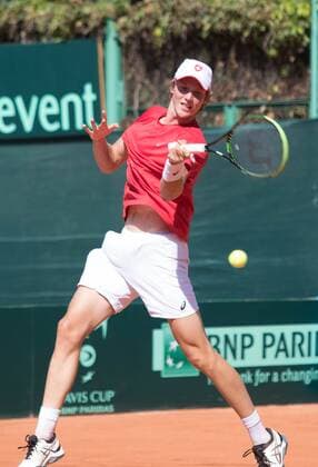 World group , play-off play-off round Uzbekistan Vs Switzerland (IN WHITE )Denis ISTOMIN from uzb - (in red )Antoine BELLIER frome swis 