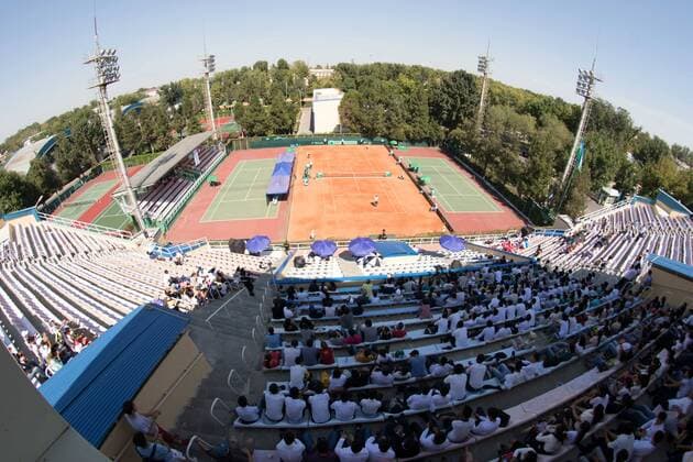 World group , play-off play-off round Uzbekistan Vs Switzerland (IN WHITE )Denis ISTOMIN from uzb - (in red )Antoine BELLIER frome swis 