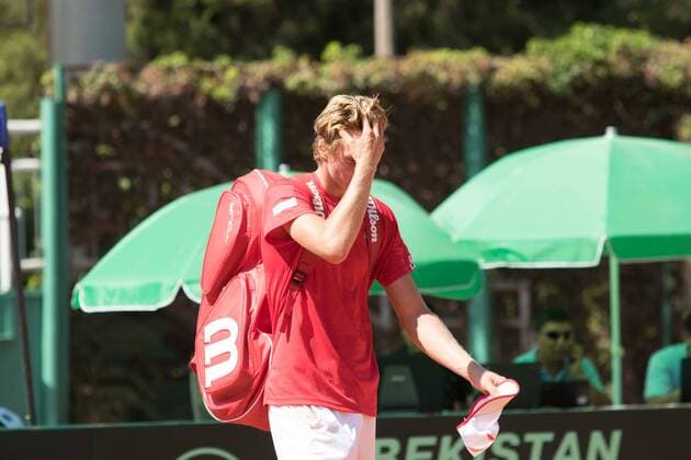 World group , play-off play-off round Uzbekistan Vs Switzerland (IN WHITE )Denis ISTOMIN from uzb - (in red )Antoine BELLIER frome swis 