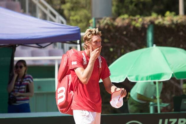 World group , play-off play-off round Uzbekistan Vs Switzerland (IN WHITE )Denis ISTOMIN from uzb - (in red )Antoine BELLIER frome swis 