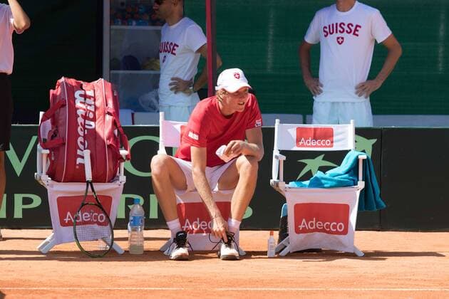 World group , play-off play-off round Uzbekistan Vs Switzerland (IN WHITE )Denis ISTOMIN from uzb - (in red )Antoine BELLIER frome swis 