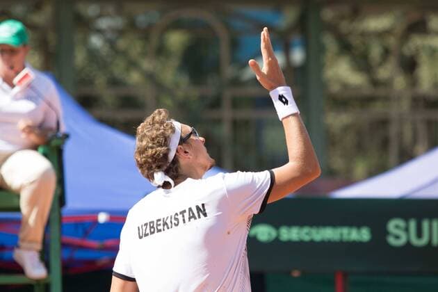 World group , play-off play-off round Uzbekistan Vs Switzerland (IN WHITE )Denis ISTOMIN from uzb - (in red )Antoine BELLIER frome swis 
