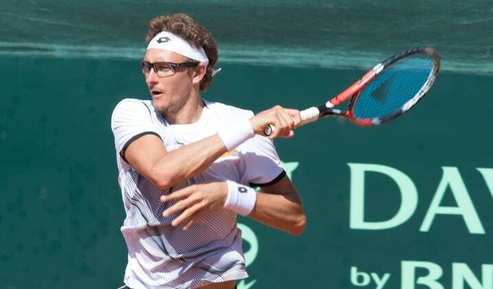 World group , play-off play-off round Uzbekistan Vs Switzerland (IN WHITE )Denis ISTOMIN from uzb - (in red )Antoine BELLIER frome swis 