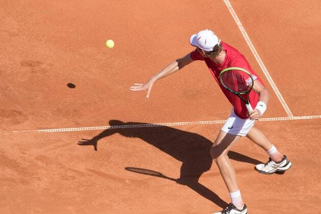 World group , play-off play-off round Uzbekistan Vs Switzerland (IN WHITE )Denis ISTOMIN from uzb - (in red )Antoine BELLIER frome swis 
