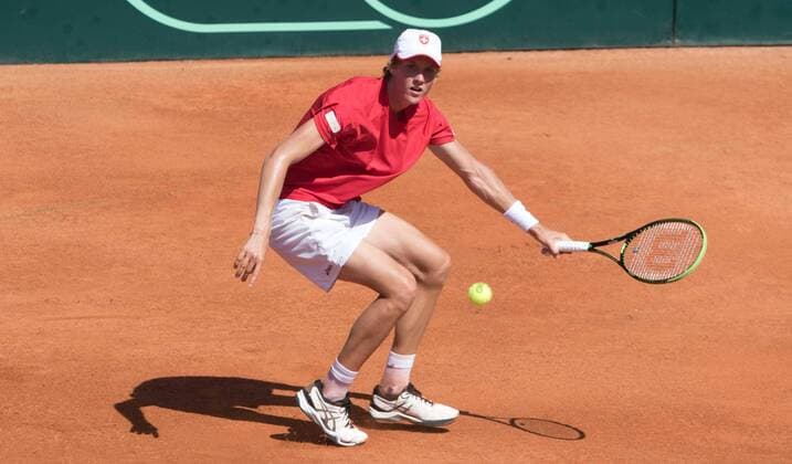 World group , play-off play-off round Uzbekistan Vs Switzerland (IN WHITE )Denis ISTOMIN from uzb - (in red )Antoine BELLIER frome swis 