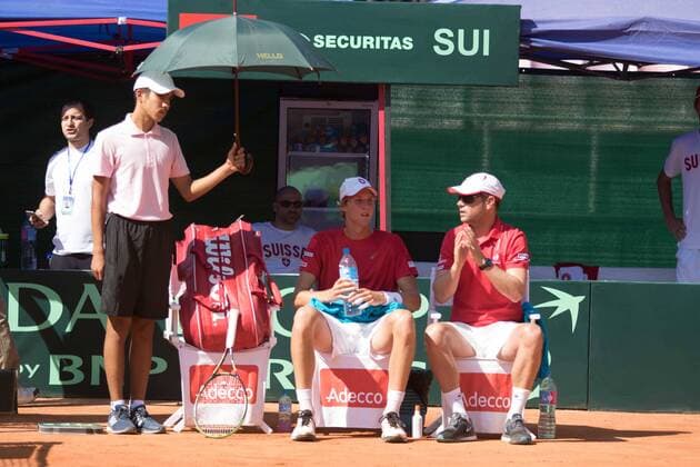 World group , play-off play-off round Uzbekistan Vs Switzerland (IN WHITE )Denis ISTOMIN from uzb - (in red )Antoine BELLIER frome swis 
