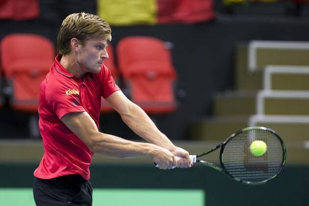 Belgian David Goffin pictured in action during a tennis game between David Goffin and Thiago Monteiro, the first game of the Davis Cup World Group play-off between Belgium and Brazil, Friday 16 September 2016, in Oostende. This Davis Cup meeting will be played from 16 to 18 September 2016 in Oostende. KRISTOFxVANxACCOM  x04933226x
