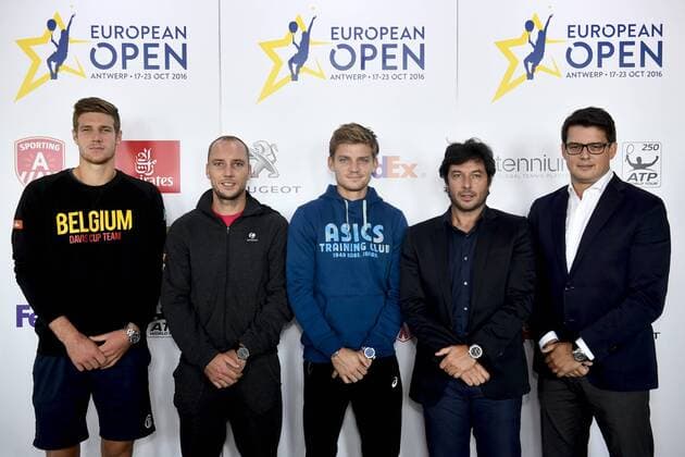 Belgian Joris De Loore, Belgian Steve Darcis, Belgian David Goffin, Sebastien Grosjean and Organiser Kristoff Puelinckx pictured during a press conference PK Pressekonferenz for the European Open tennis tournament in Antwerp from 17 to 23 October, Monday 19 September 2016. DIRKxWAEM  x04935771x