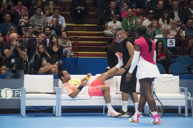 Tennis, Djokovic and Friends Showmatch in Mailand Milan, Djokovic and Friends in the photo: Fabio Fognini, Rosario Fiorello, Serena Williams  Copyright: xAlbertoxScarpinatox