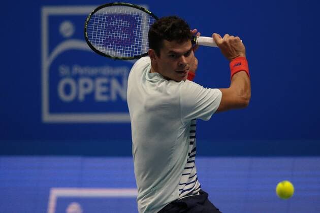 September 22, 2016 - Saint Petersburg, Russia - Milos Raonic of Canada returns the ball to Mikhail Youzhny of Russia during the St. Petersburg Open ATP Tennis Herren tennis tournament match in St. Petersburg, Russia, September 22, 2016. St. Petersburg Tennis Open 2016 - Mikhail Youzhny v Milos Raonic  - ZUMAn230