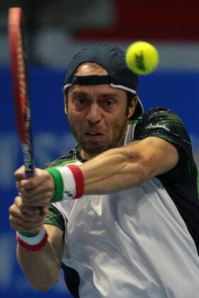 September 23, 2016 - Saint Petersburg, Russia - Paolo Lorenzi of Italy returns the ball to Tomas Berdych of Czech Republic during the St. Petersburg Open ATP Tennis Herren tennis tournament match in St. Petersburg, Russia, September 23, 2016. Tennis tournament St. Petersburg Open 2016  - ZUMAn230