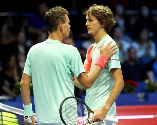ST PETERSBURG, RUSSIA - SEPTEMBER 24, 2016: Tomas Berdych of the Czech Republic (L) and Germany s Alexander Zverev after their match at the 21st St Petersburg international tennis tournament at Sibur Arena. Alexander Zverev won the match 2-0. Peter Kovalev TASS  TS032470