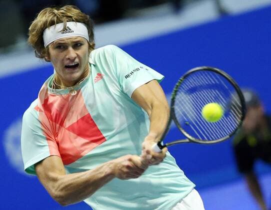 ST PETERSBURG, RUSSIA - SEPTEMBER 24, 2016: Germany s Alexander Zverev in a tennis match against a Czech tennis player at the 21st St Petersburg international tennis tournament at Sibur Arena. Alexander Zverev won the match 2-0. Peter Kovalev TASS  TS03246F