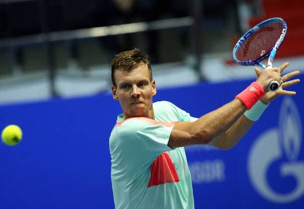 ST PETERSBURG, RUSSIA - SEPTEMBER 24, 2016: Tomas Berdych of the Czech Republic in a match against a German tennis player at the 21st St Petersburg international tennis tournament at Sibur Arena. Tomas Berdych lost the match 0-2. Peter Kovalev TASS  TS03246B