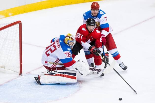 World Cup of Hockey, Kanada - Russland Rysslands malvakt Sergei Bobrovsky och Dmitry Kulikov samt Kanadas Sidney Crosby Kanada - Russland Länderspiel World Cup of Hockey Toronto.  Copyright: LUDVIGxTHUNMAN BB160924LT097