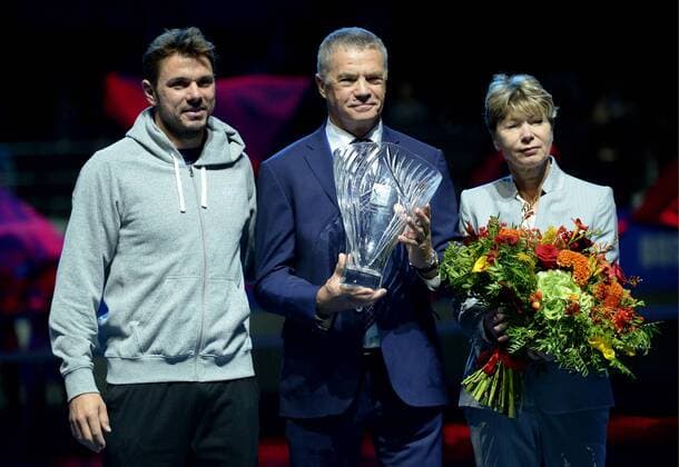 ST PETERSBURG, RUSSIA â€“ SEPTEMBER 25, 2016: Swiss tennis player Stanislas Stan Wawrinka, Deputy Chairman of the Management Committee of Gazprom Alexander Medvedev, and Moscow Tennis Federation Vice President Natalya Kamelzon (L-R) at the 2016 St. Petersburg Open international tennis tournament. Andrei Ivanov TASS  TS032599