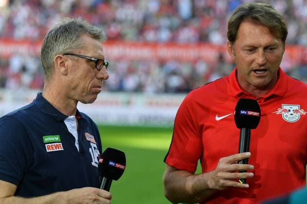 GER, 1.FBL., 1. FC Köln vs. RB Leipzig 25.09.2016, RheinEnergieStadion, Koeln, GER, 1.FBL., 1. FC Köln vs. RB Leipzig im Bild picture shows: gemeinsames Interview Peter Stöger Stoeger (Trainer Koeln) und Ralph Hasenhüttl Cheftrainer (RB Leipzig) Foto © nordphoto Meuter nordphotox xMeuter