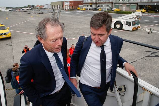 Club s head coach Michel Preud homme and Club s general manager Vincent Mannaert pictured at the departure of Belgian first division soccer team Club Brugge KV in Brugge, Monday 26 September 2016. Brugge is preparing for the second game in the UEFA Champions League group stage competition, in the group G, against Danish club Kopenhagen tomorrow. BRUNOxFAHY  x04941046x