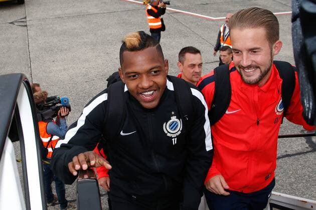 Club s Jose Izquierdo and Club s team manager Devy Rigaux pictured at the departure of Belgian first division soccer team Club Brugge KV in Brugge, Monday 26 September 2016. Brugge is preparing for the second game in the UEFA Champions League group stage competition, in the group G, against Danish club Kopenhagen tomorrow. BRUNOxFAHY  x04941052x