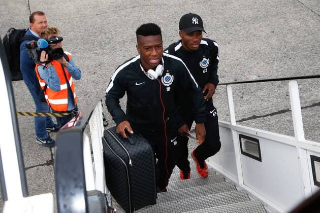 Club s Abdoulay Diaby and Club s Boli Bolingoli Mbombo pictured at the departure of Belgian first division soccer team Club Brugge KV in Brugge, Monday 26 September 2016. Brugge is preparing for the second game in the UEFA Champions League group stage competition, in the group G, against Danish club Kopenhagen tomorrow. BRUNOxFAHY  x04941054x