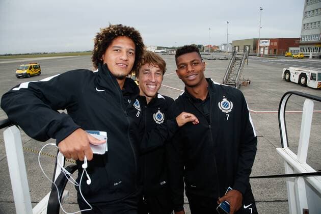 Club s Felipe Gedoz Da Conceicao, Club s Pina Tomas and Club s Wesley Moraes pictured at the departure of Belgian first division soccer team Club Brugge KV in Brugge, Monday 26 September 2016. Brugge is preparing for the second game in the UEFA Champions League group stage competition, in the group G, against Danish club Kopenhagen tomorrow. BRUNOxFAHY  x04941055x