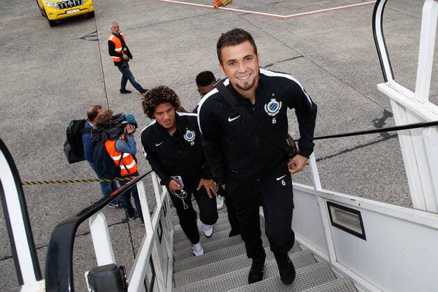 Club s Felipe Gedoz Da Conceicao and Club s Claudemir Domingues De Souza pictured at the departure of Belgian first division soccer team Club Brugge KV in Brugge, Monday 26 September 2016. Brugge is preparing for the second game in the UEFA Champions League group stage competition, in the group G, against Danish club Kopenhagen tomorrow. BRUNOxFAHY  x04941056x