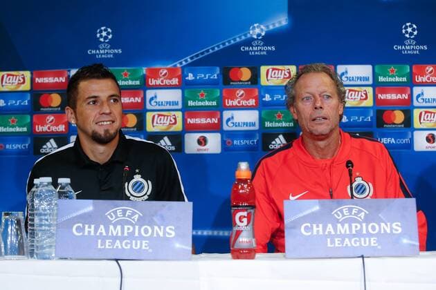 Club s Claudemir Domingues De Souza and Club s head coach Michel Preud homme pictured during a press conference PK Pressekonferenz of Belgian first division soccer team Club Brugge KV in Brugge, Monday 26 September 2016. Brugge is preparing for the second game in the UEFA Champions League group stage competition, in the group G, against Danish club Kopenhagen tomorrow. BRUNOxFAHY  x04941213x