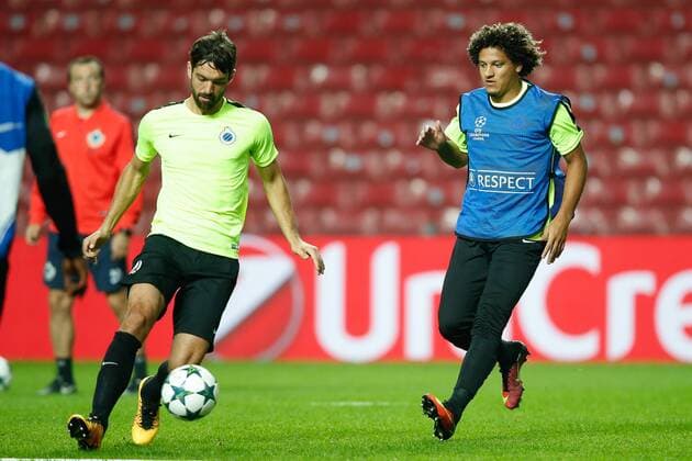 Club s Benoit Poulain and Club s Felipe Gedoz Da Conceicao fight for the ball during a training session of Belgian first division soccer team Club Brugge KV in Copenhagen, Monday 26 September 2016. Brugge is preparing for the second game in the UEFA Champions League group stage competition, in the group G, against Danish club Kopenhagen tomorrow. BRUNOxFAHY  x04941319x