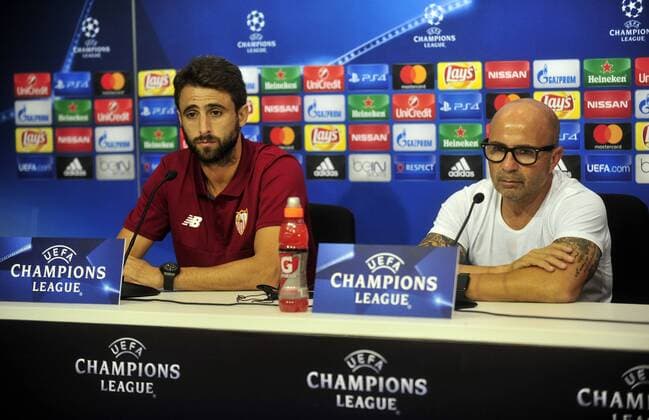 Sampaoli and Pareja appear at pressconference the day before the Champions League match between FC Sevilla and Olympique Lyon. xKIKOxHURTADOx 