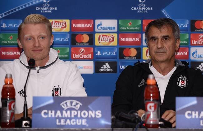 Head coach of Besiktas, Senol Gunes (R), and German player Andreas Beck (L) attend a press conference PK Pressekonferenz following a training session in Istanbul, Turkey, 27 September 2016. Besiktas will face Dynamo Kiev in a UEFA Champions League Group B match on 28 September 2016. 