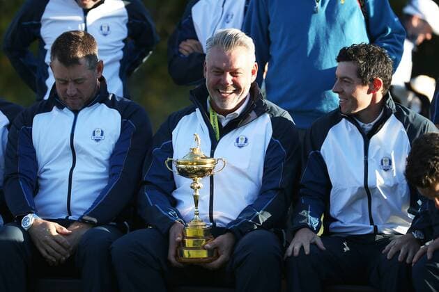 GOLF - Ryder Cup 2016 CHASKA,MINNESOTA,USA,27.SEP.16 - GOLF - Ryder Cup, Hazeltine National Golf Club. Image shows Lee Westwood (ENG),captain Darren Clarke (IRL) and Rory Mcilroy (IRL). GEPAxpictures xDanielxGoetzhaber