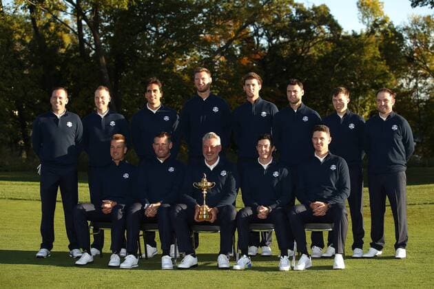 GOLF - Ryder Cup 2016 CHASKA,MINNESOTA,USA,27.SEP.16 - GOLF - Ryder Cup, Hazeltine National Golf Club. Image shows in the 1st row: Henrik Stenson (SWE), Lee Westwood (ENG), captain Darren Clarke (IRL), Rory Mcilroy (IRL), Justin Rose (ENG); 2nd row: Sergio Garcia (ESP), Danny Willett (ENG), Rafa Cabrera Bello (ESP), Chris Wood (ENG), Thomas Pieters (BEL), Martin Kaymer (GER), Matthew Fitzpatrick (ENG) and Andy Sullivan (ENG). GEPAxpictures xDanielxGoetzhaber