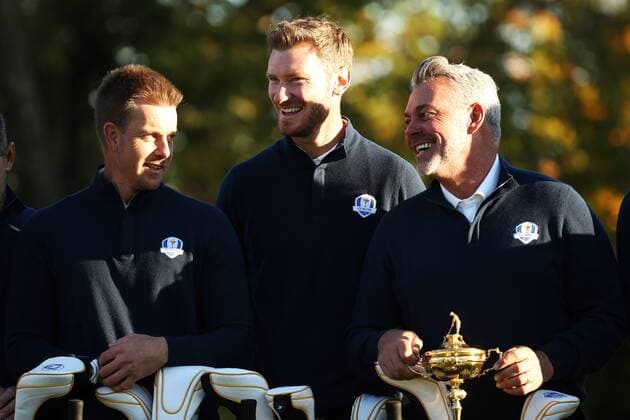 GOLF - Ryder Cup 2016 CHASKA,MINNESOTA,USA,27.SEP.16 - GOLF - Ryder Cup, Hazeltine National Golf Club. Image shows Henrik Stenson (SWE), Chris Wood (ENG) and captain Darren Clarke (IRL). GEPAxpictures xDanielxGoetzhaber