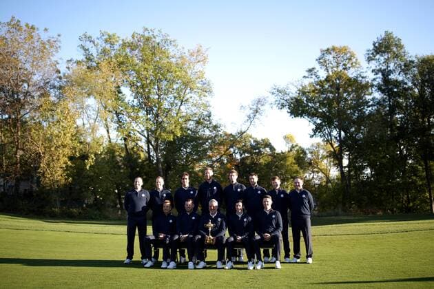 GOLF - Ryder Cup 2016 CHASKA,MINNESOTA,USA,27.SEP.16 - GOLF - Ryder Cup, Hazeltine National Golf Club. Image shows in the 1st row: Henrik Stenson (SWE), Lee Westwood (ENG), captain Darren Clarke (IRL), Rory Mcilroy (IRL), Justin Rose (ENG); 2nd row: Sergio Garcia (ESP), Danny Willett (ENG), Rafa Cabrera Bello (ESP), Chris Wood (ENG), Thomas Pieters (BEL), Martin Kaymer (GER), Matthew Fitzpatrick (ENG) and Andy Sullivan (ENG). GEPAxpictures xDanielxGoetzhaber