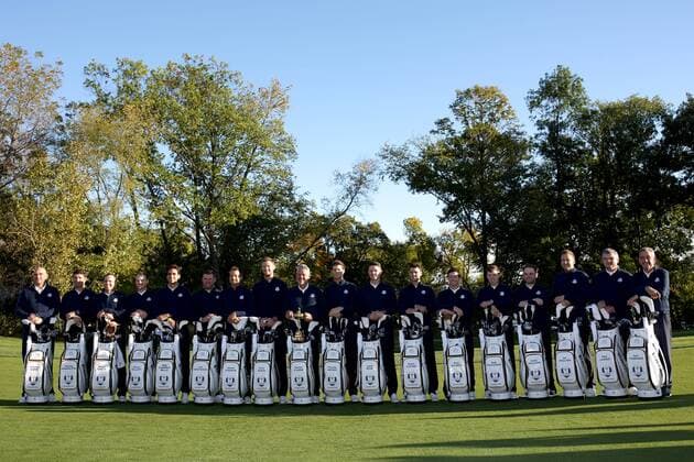 GOLF - Ryder Cup 2016 CHASKA,MINNESOTA,USA,27.SEP.16 - GOLF - Ryder Cup, Hazeltine National Golf Club. Image shows vice-captain Thomas Bjoern (DEN), vice-captain Padraig Harrington (IRL), Sergio Garcia (ESP), Danny Willett (ENG), Rafa Cabrera Bello (ESP), Lee Westwood (ENG), Henrik Stenson (SWE), Chris Wood (ENG), captain Darren Clarke (IRL), Thomas Pieters (BEL), Justin Rose (ENG), Martin Kaymer (GER), Rory Mcilroy (IRL), Matthew Fitzpatrick (ENG), Andy Sullivan (ENG), vice-captain Ian Poulter (ENG), vice-captain Paul Lawrie (SCO) and vice-captain Sam Torrance (SCO). GEPAxpictures xDanielxGoetzhaber