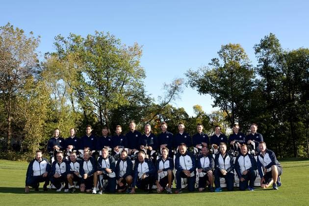 GOLF - Ryder Cup 2016 CHASKA,MINNESOTA,USA,27.SEP.16 - GOLF - Ryder Cup, Hazeltine National Golf Club. Image shows Sergio Garcia (ESP), Danny Willett (ENG), Rafa Cabrera Bello (ESP), Lee Westwood (ENG), Henrik Stenson (SWE), Chris Wood (ENG), captain Darren Clarke (IRL), Thomas Pieters (BEL), Justin Rose (ENG), Martin Kaymer (GER), Rory Mcilroy (IRL), Matthew Fitzpatrick (ENG), Andy Sullivan (ENG), vice-captain Ian Poulter (ENG) and caddys. GEPAxpictures xDanielxGoetzhaber