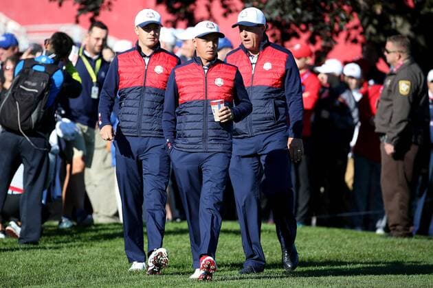GOLF - Ryder Cup 2016 CHASKA,MINNESOTA,USA,27.SEP.16 - GOLF - Ryder Cup, Hazeltine National Golf Club. Image shows Jordan Spieth, Rickie Fowler and Phil Michelson (USA). GEPAxpictures xDanielxGoetzhaber