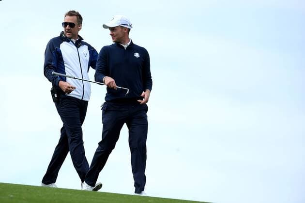 GOLF - Ryder Cup 2016 CHASKA,MINNESOTA,USA,27.SEP.16 - GOLF - Ryder Cup, Hazeltine National Golf Club. Image shows vice-captain Ian Poulter (ENG) and Danny Willett (ENG). GEPAxpictures xDanielxGoetzhaber
