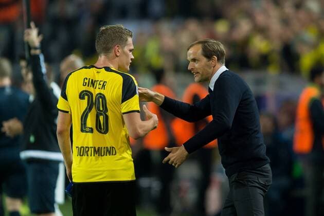 Dortmund, Germany 27.09.2016, UEFA Champions League - 2016 17 Season, Group F - Matchday 2, BV Borussia Dortmund - Real Madrid, Matthias Ginter (BVB) und Trainer Thomas Tuchel (BVB) ( DeFodi001