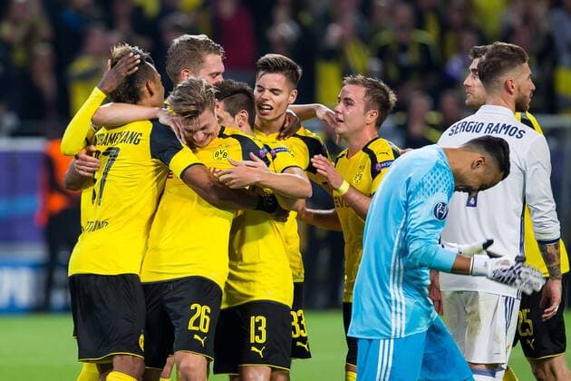 September 27, 2016 - Dortmund, Germany - Lukasz Piszczek (Borussia Dortmund), and Pierre-Emerick Aubameyang (Borussia Dortmund) celebrate score during the UEFA Champions League: First Qualifying Round 1st Leg match between Borussia Dortmund and Real Madrid CF at Signal Iduna Park on September 27, 2016 in Dortmund, Germany. Borussia Dortmund v Real Madrid CF - UEFA Champions League  - ZUMAn230